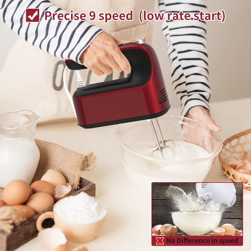 Yomelo 9-Speed Digital Hand Mixer Electric, 400W Powerful DC Motor, Hand Mixer Electric Handheld with Snap-On Storage Case, 5 Stainless Steel Accessories, Beaters, Dough Hooks, Whisk(Red) - Image 4